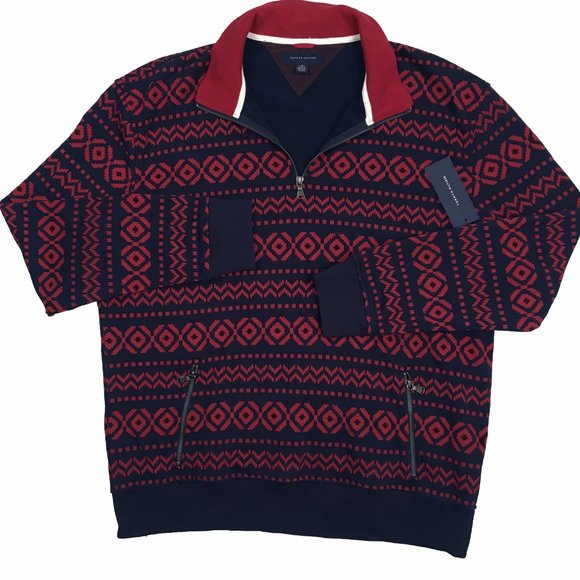 NEW Tommy Hilfiger Zipper Neck Cardigan Sweatshirt! Navy & Red Geometric Design